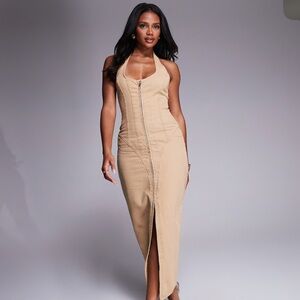 ASOS LUXE corset sculpted halter neck midi dress in tan wash